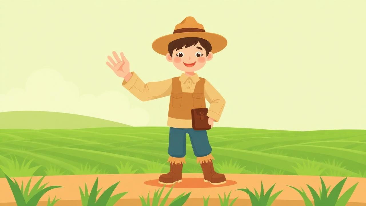Cartoon illustration of a volunteer in a wide-brim hat, long sleeves and boots on a farm field