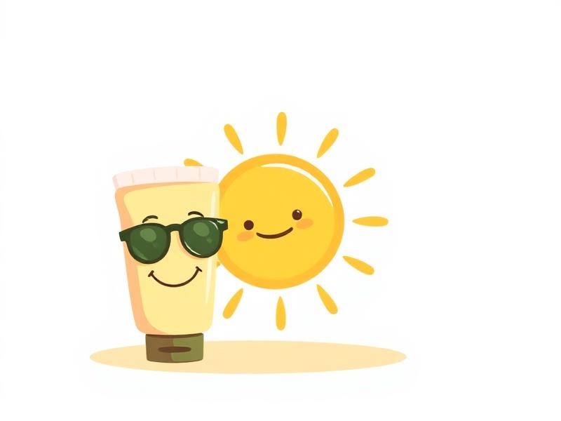 Cartoon sunscreen tube with sunglasses next to a smiling sun