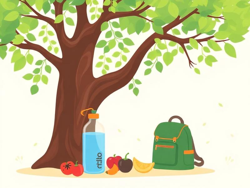 Cartoon water bottle, fruit snacks and a backpack under a shady tree
