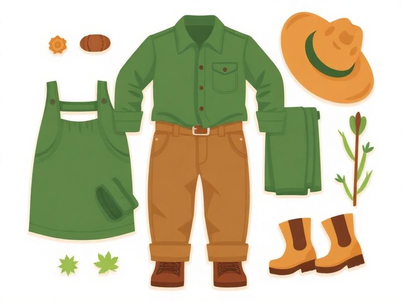 Cartoon flat-lay of long-sleeve shirt, long pants, boots and a wide-brim hat